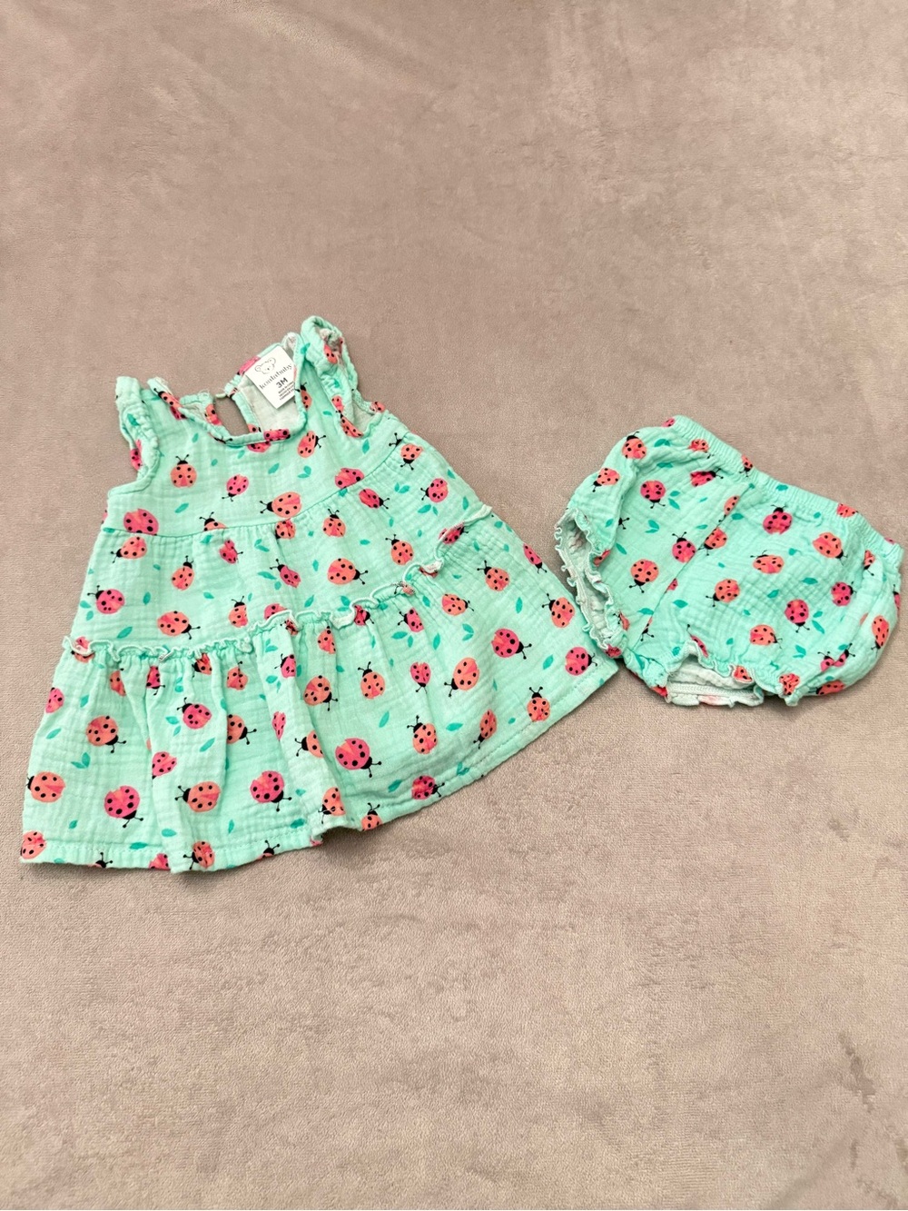 Koala Baby 2 Pc Ladybug Outfit 3 Months Mint Green Dress Bloomer Set 100% Cotton